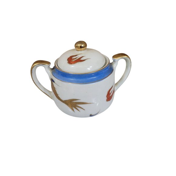 Vintage Japanese Porcelain Sugar Bowl With Lid & Double Handles Dragon Design Go - Picture 8 of 10